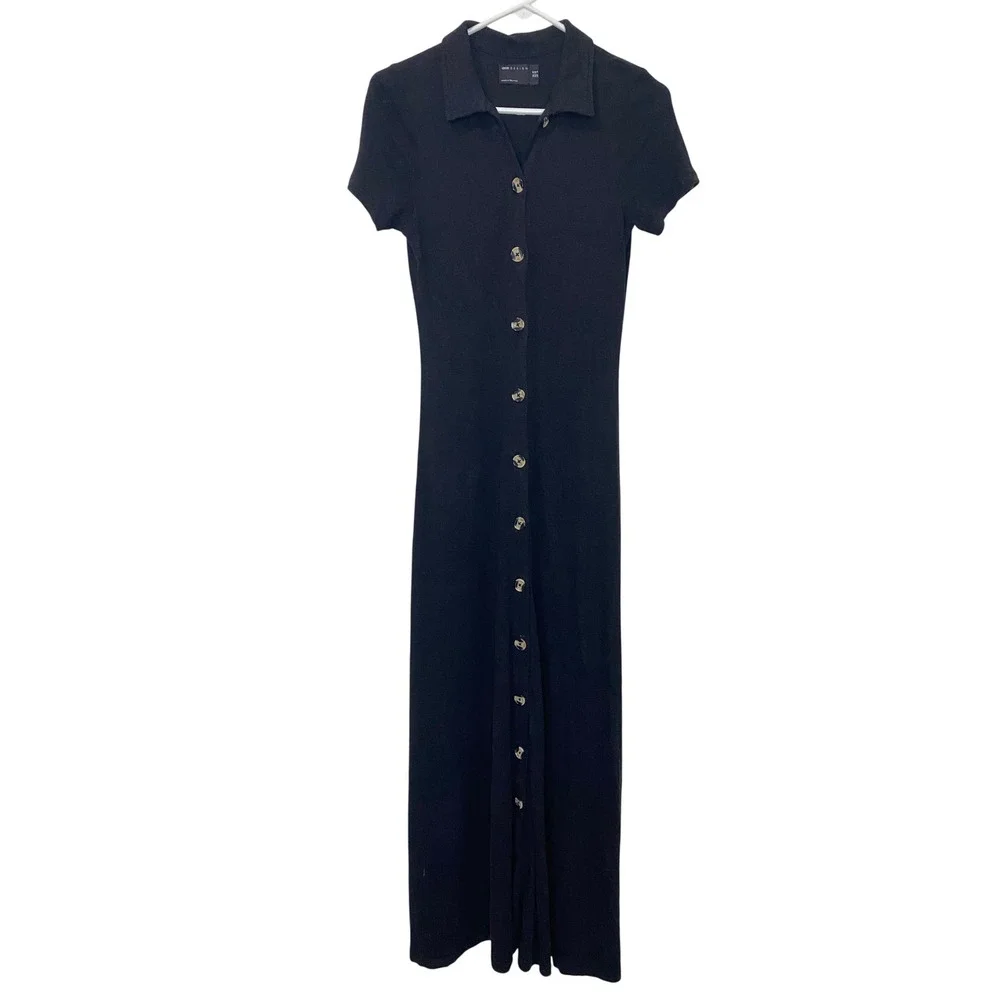 ASOS DESIGN Classic Black Linen Blend Button Front Short Sleeve Maxi Dress US 6 - Picture 4 of 9